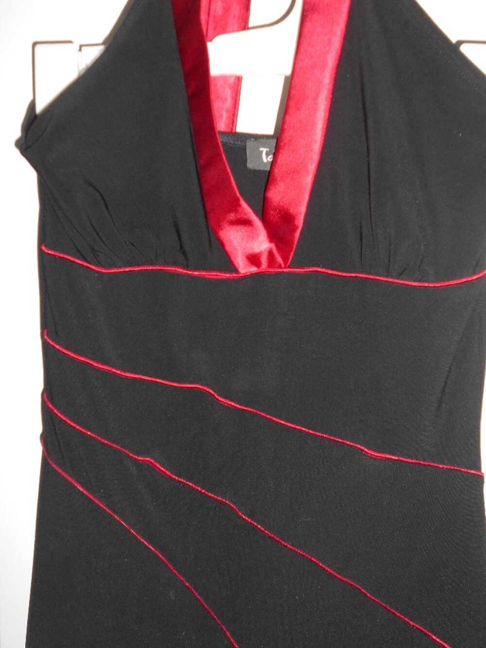 Black Halter Dress/Red Trim/Uneven Hem-NWOT